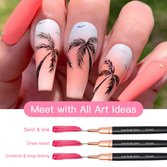 Komall Metallic Nail Art Brushes, 5Pcs Liner Brush Set, UV Gel Polish Painting Art Design Pen for Long Lines, Thin Details, Fine Drawing Sizes 4/8/12/20/25mm(Black)