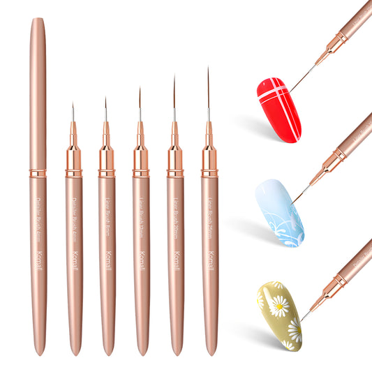 Komall Metallic Nail Art Brushes, 5Pcs Liner Brush Set, UV Gel Polish Painting Art Design Pen for Long Lines, Thin Details, Fine Drawing Sizes 4/8/12/20/25mm(Champagne Gold)