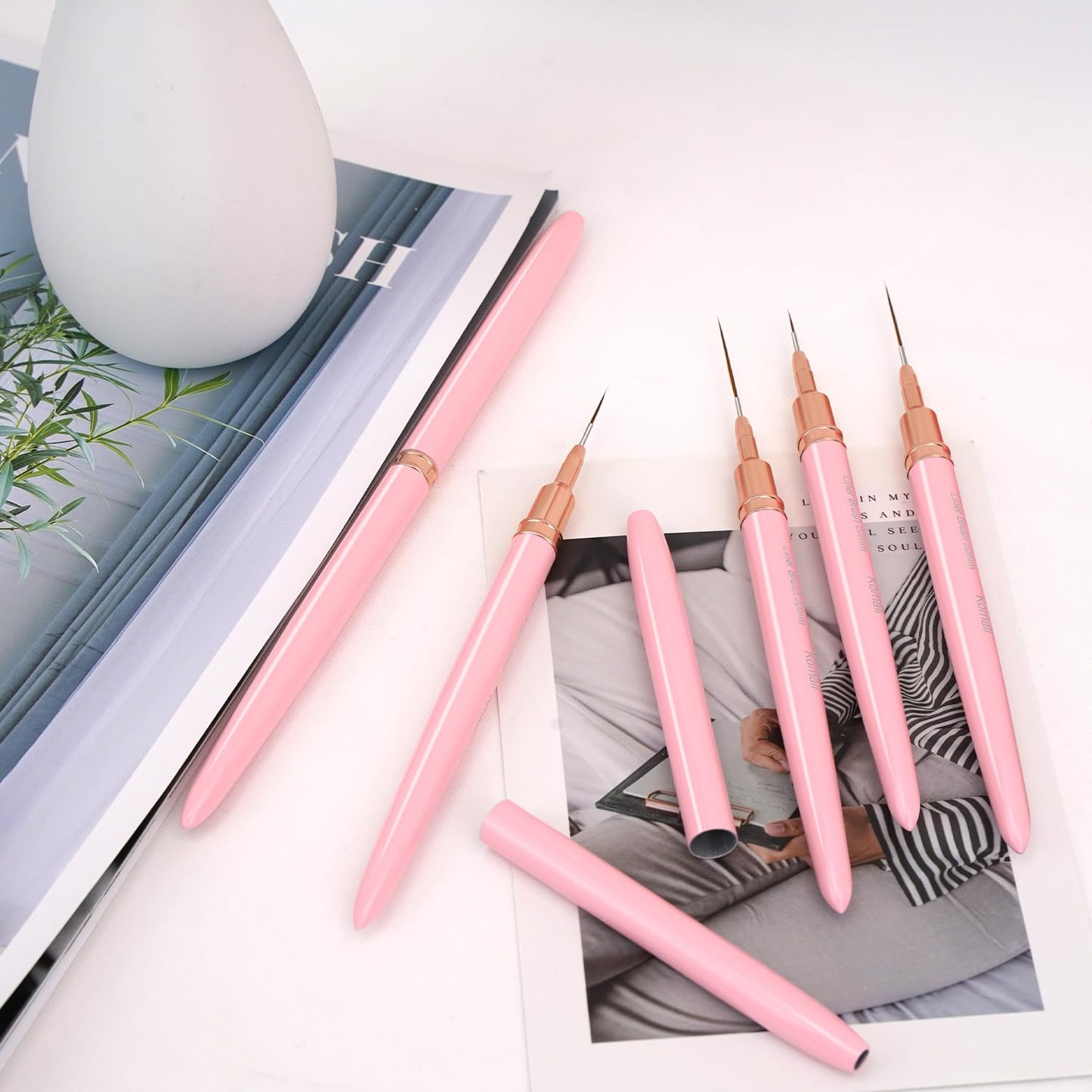 Komall Metallic Nail Art Brushes, 5Pcs Liner Brush Set, UV Gel Polish Painting Art Design Pen for Long Lines, Thin Details, Fine Drawing Sizes 4/8/12/20/25mm(Pink)
