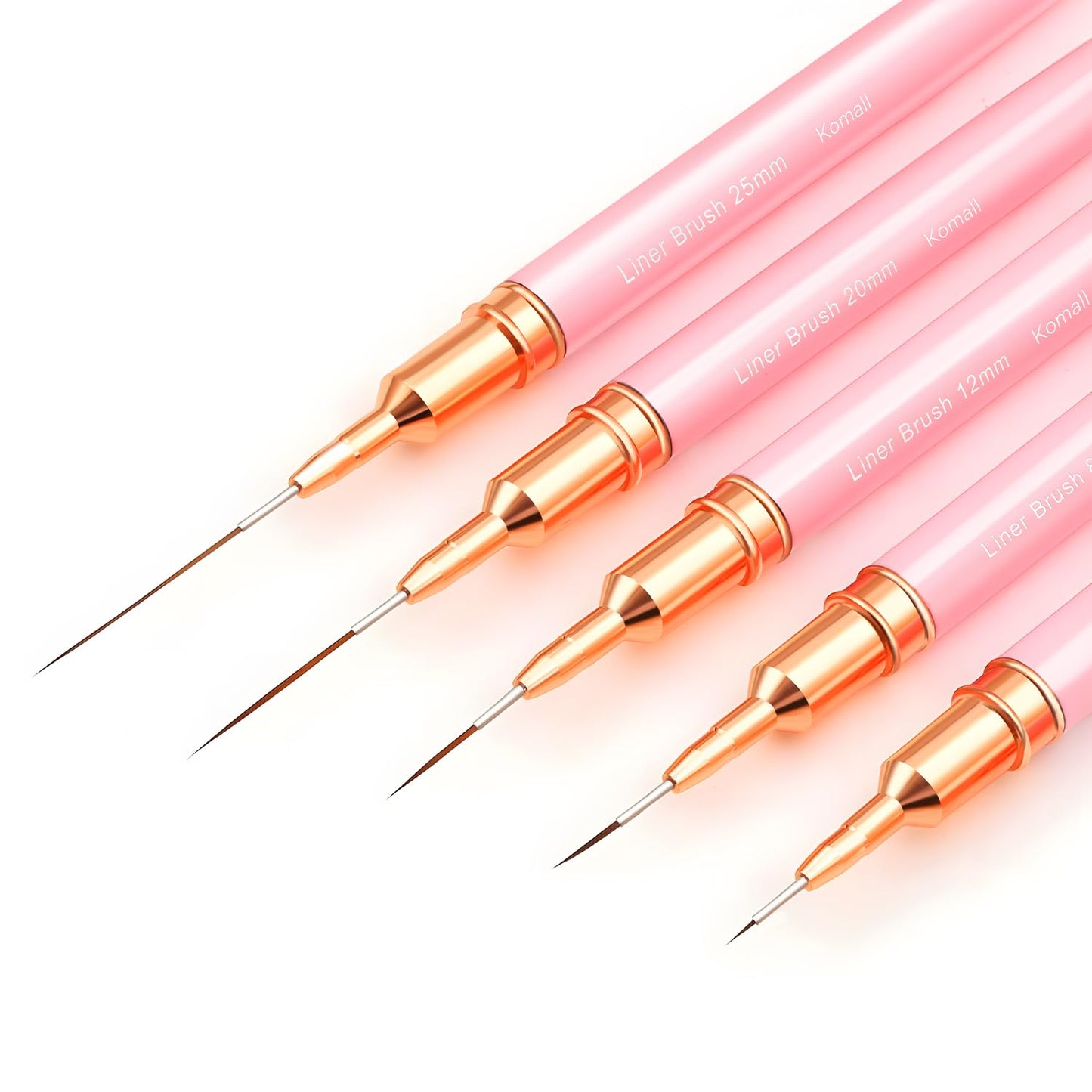 Komall Metallic Nail Art Brushes, 5Pcs Liner Brush Set, UV Gel Polish Painting Art Design Pen for Long Lines, Thin Details, Fine Drawing Sizes 4/8/12/20/25mm(Pink)