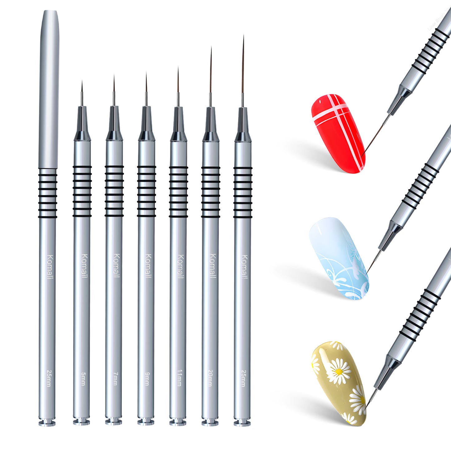 Komall Metallic Nail Art Brushes, 6Pcs Non Slip Liner Brush Set, UV Gel Polish Painting Art Design Pen for Long Lines, Thin Details, Fine Drawing Sizes 5/7/9/11/20/25mm(Silver)