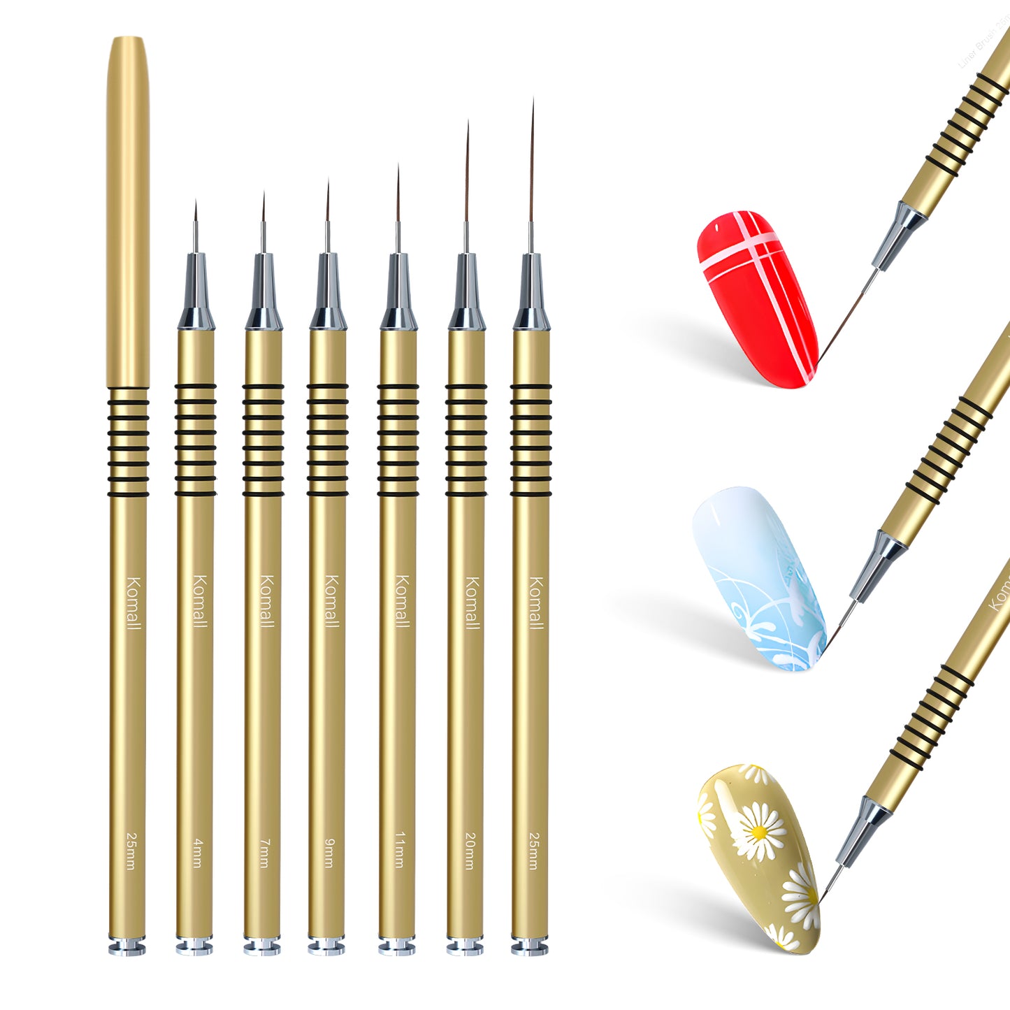 Komall Metallic Nail Art Brushes, 6Pcs Non Slip Liner Brush Set, UV Gel Polish Painting Art Design Pen for Long Lines, Thin Details, Fine Drawing Sizes 5/7/9/11/20/25mm(Silver)