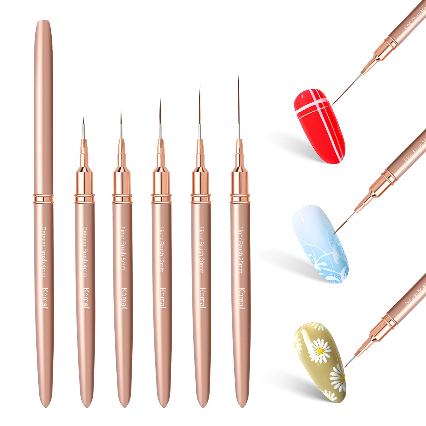 Komall Metallic Nail Art Brushes, 5Pcs Liner Brush Set, UV Gel Polish Painting Art Design Pen for Long Lines, Thin Details, Fine Drawing Sizes 4/8/12/20/25mm(Champagne Gold)