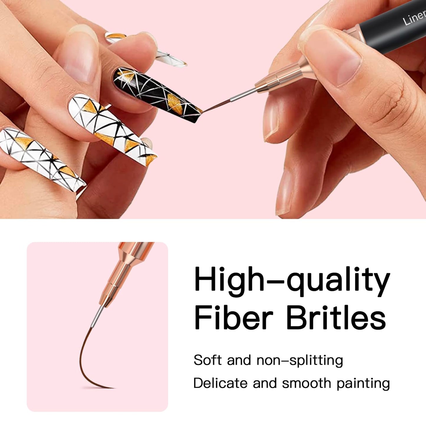 Komall Metallic Nail Art Brushes, 5Pcs Liner Brush Set, UV Gel Polish Painting Art Design Pen for Long Lines, Thin Details, Fine Drawing Sizes 4/8/12/20/25mm(Black)