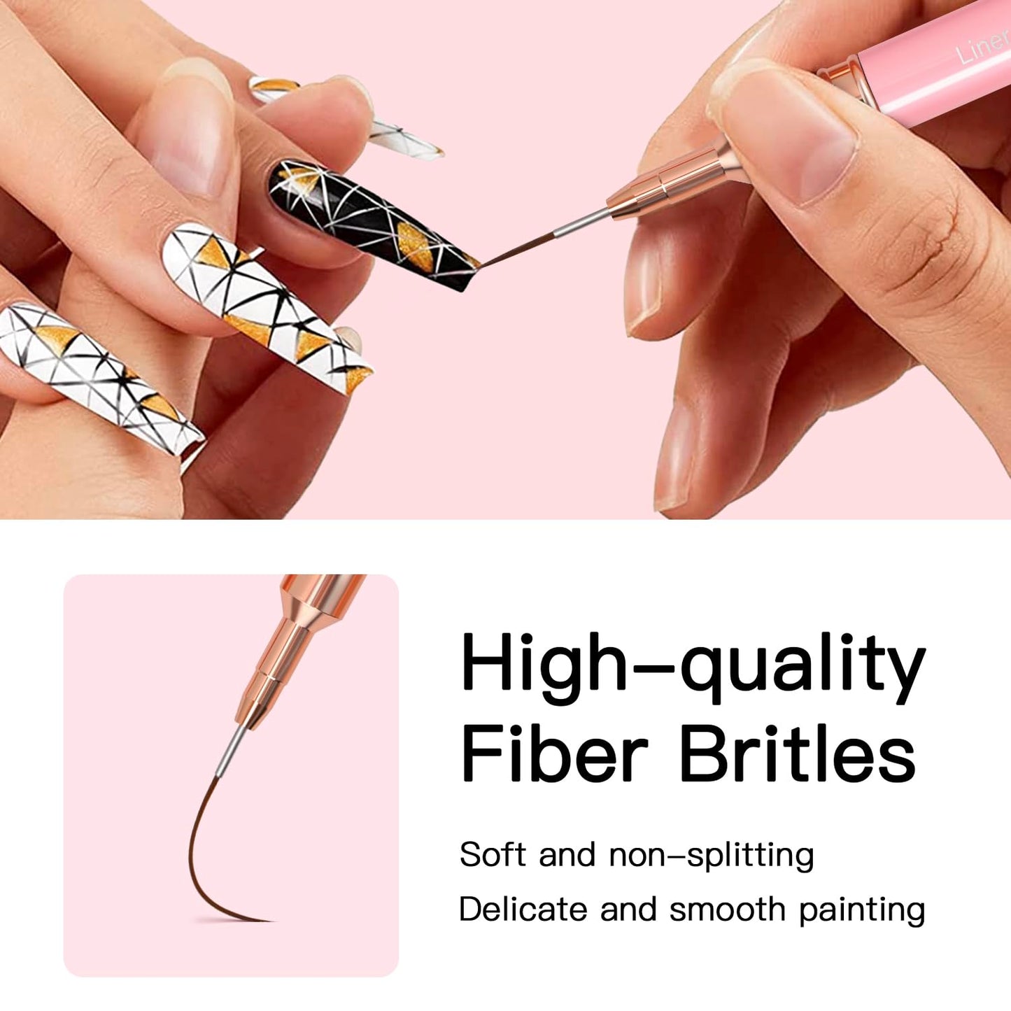 Komall Metallic Nail Art Brushes, 5Pcs Liner Brush Set, UV Gel Polish Painting Art Design Pen for Long Lines, Thin Details, Fine Drawing Sizes 4/8/12/20/25mm(Pink)