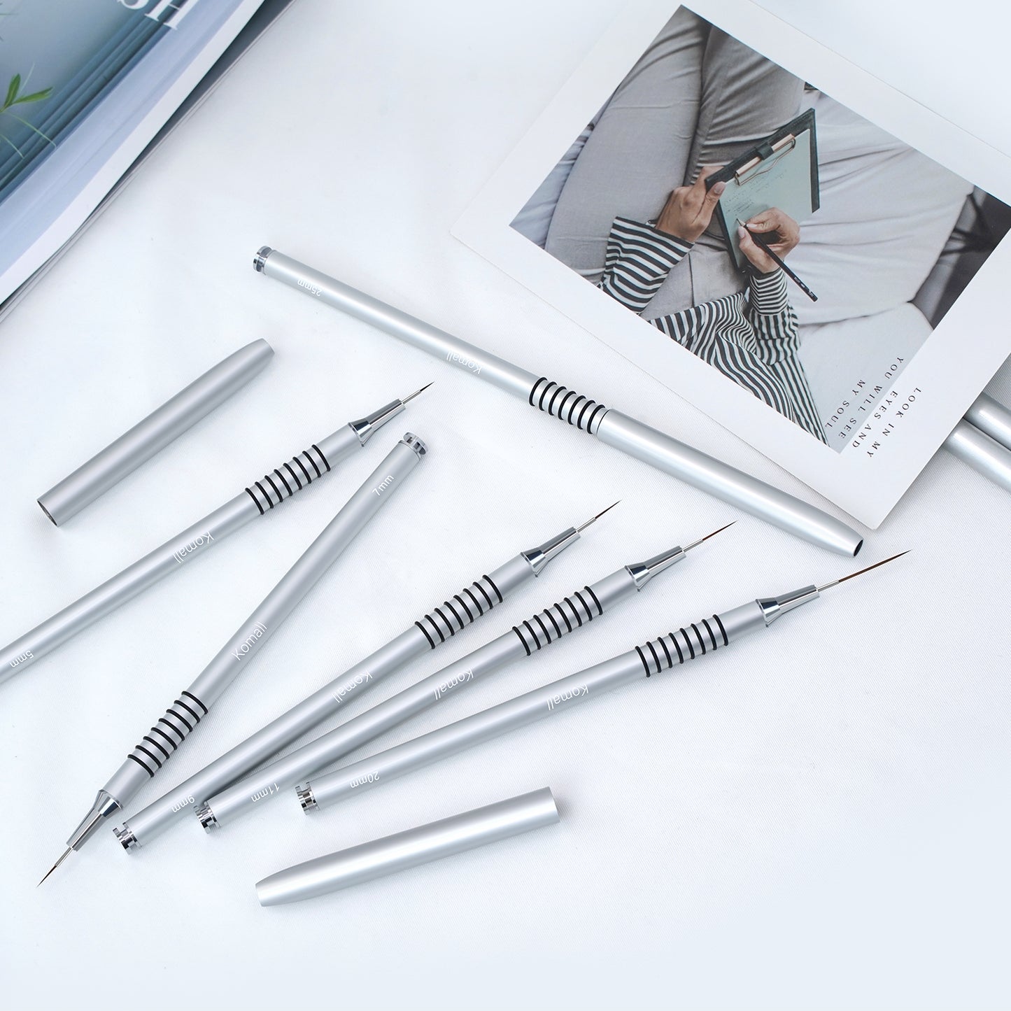 Komall Metallic Nail Art Brushes, 6Pcs Non Slip Liner Brush Set, UV Gel Polish Painting Art Design Pen for Long Lines, Thin Details, Fine Drawing Sizes 5/7/9/11/20/25mm(Silver)