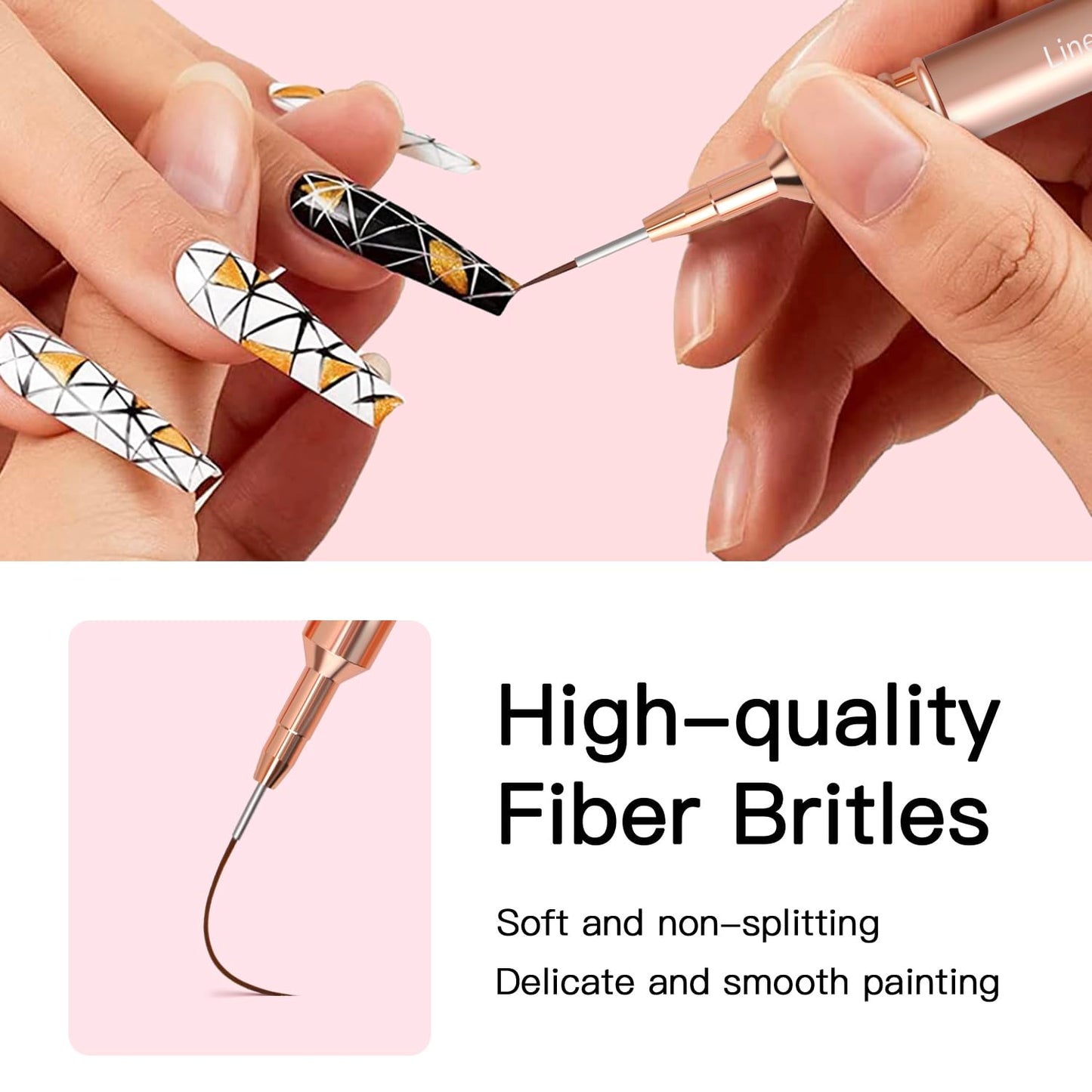 Komall Metallic Nail Art Brushes, 5Pcs Liner Brush Set, UV Gel Polish Painting Art Design Pen for Long Lines, Thin Details, Fine Drawing Sizes 4/8/12/20/25mm(Champagne Gold)