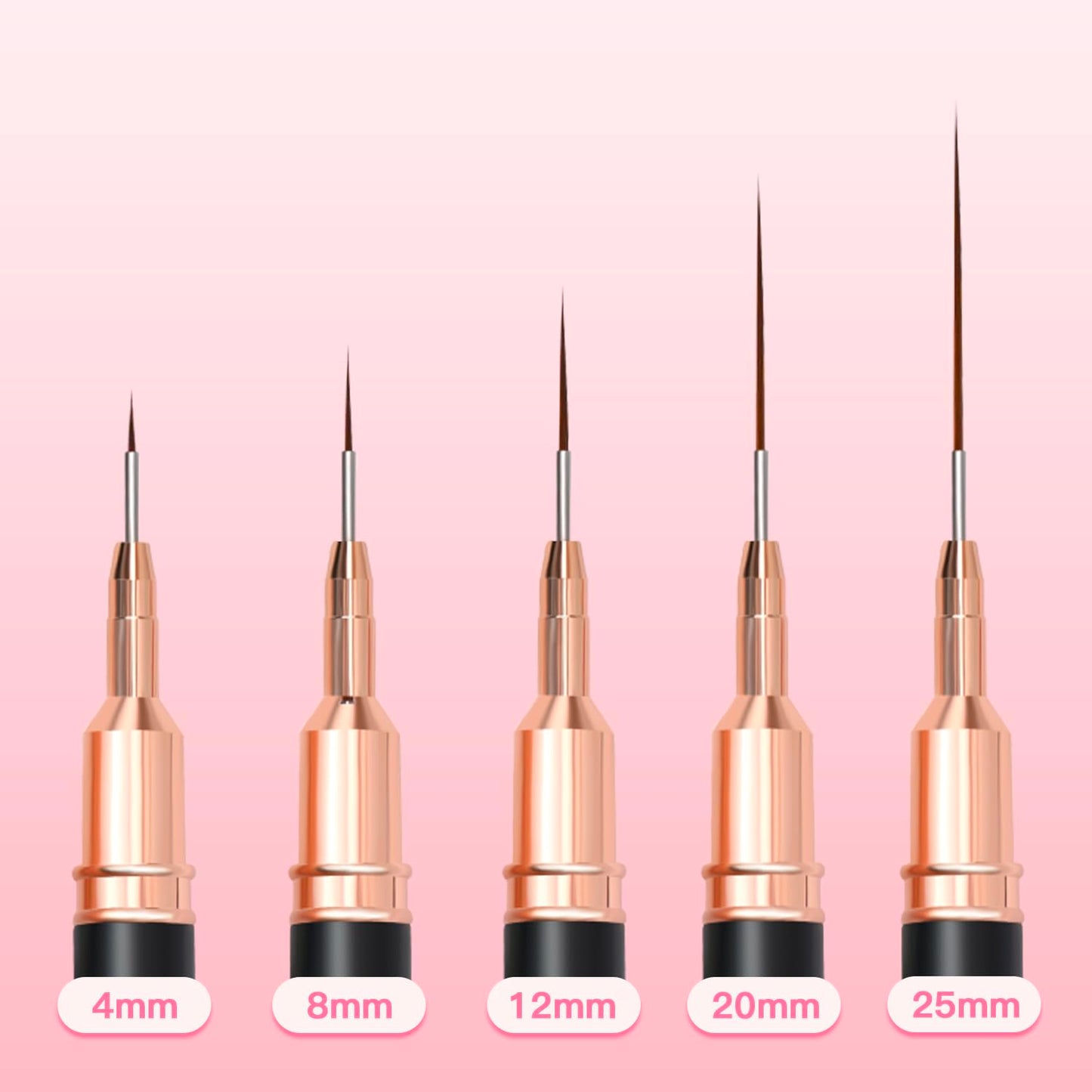 Komall Metallic Nail Art Brushes, 5Pcs Liner Brush Set, UV Gel Polish Painting Art Design Pen for Long Lines, Thin Details, Fine Drawing Sizes 4/8/12/20/25mm(Black)