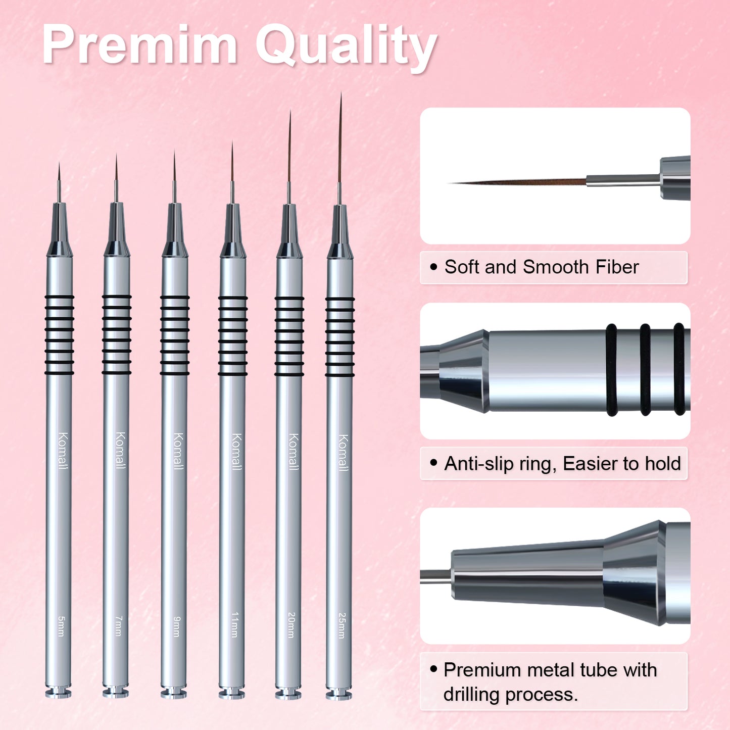 Komall Metallic Nail Art Brushes, 6Pcs Non Slip Liner Brush Set, UV Gel Polish Painting Art Design Pen for Long Lines, Thin Details, Fine Drawing Sizes 5/7/9/11/20/25mm(Silver)