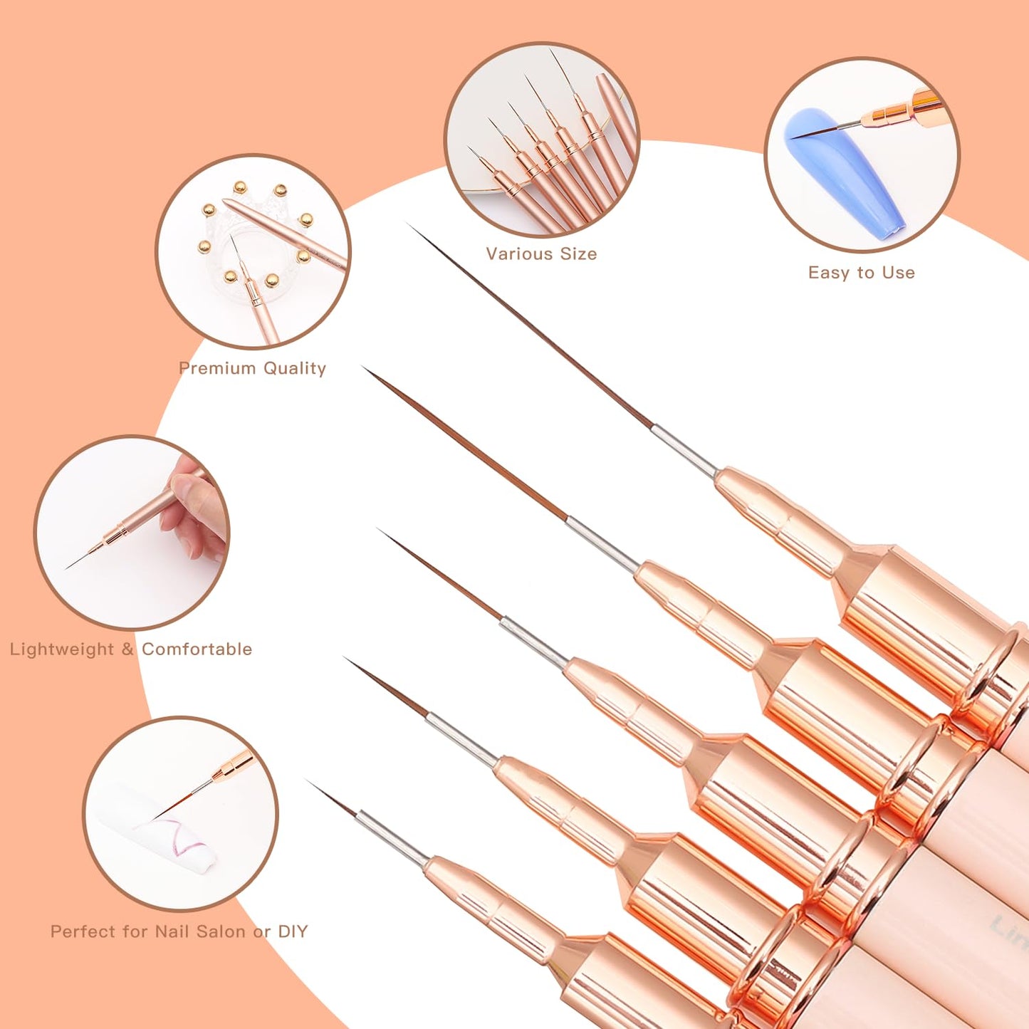 Komall Metallic Nail Art Brushes, 5Pcs Liner Brush Set, UV Gel Polish Painting Art Design Pen for Long Lines, Thin Details, Fine Drawing Sizes 4/8/12/20/25mm(Champagne Gold)