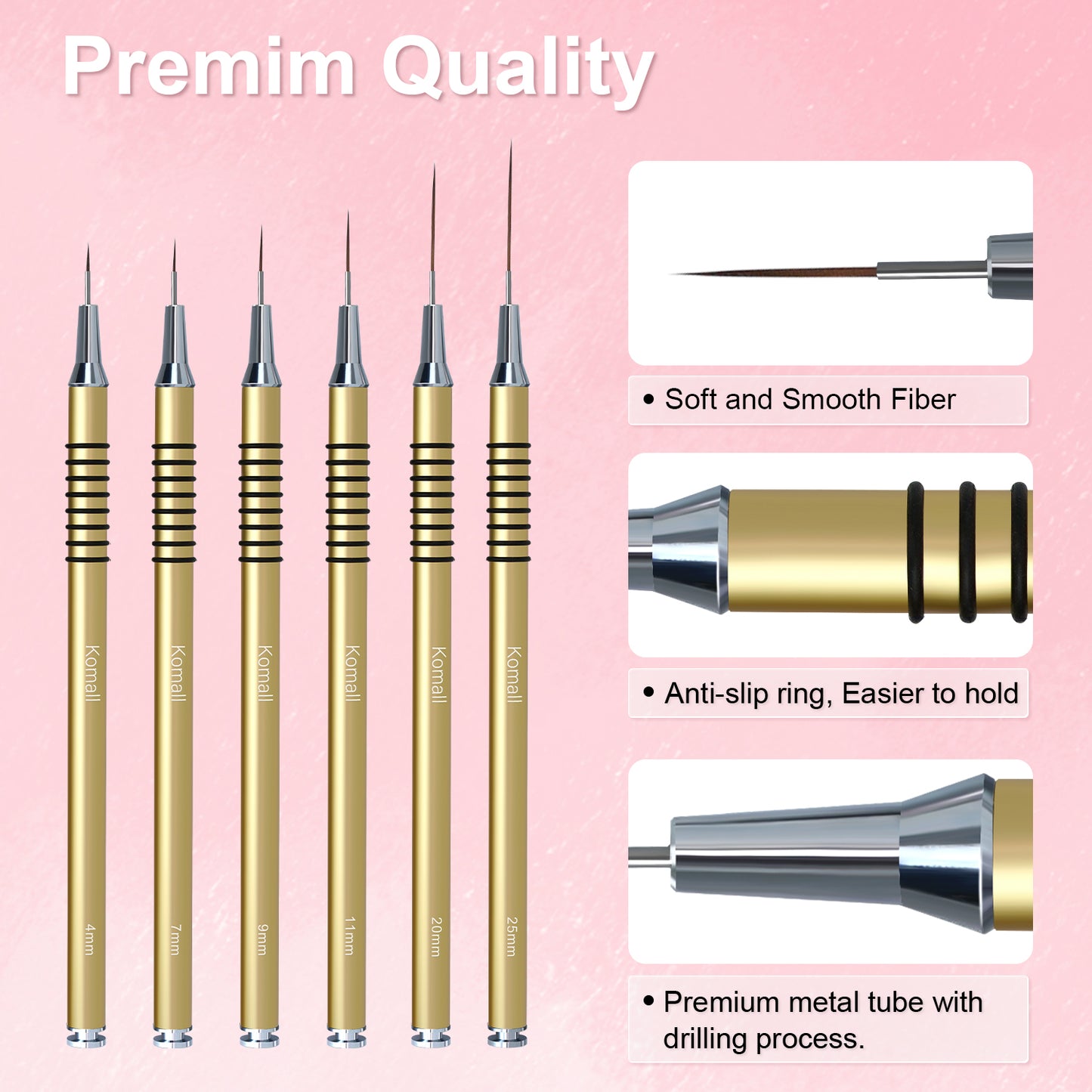Komall Metallic Nail Art Brushes, 6Pcs Non Slip Liner Brush Set, UV Gel Polish Painting Art Design Pen for Long Lines, Thin Details, Fine Drawing Sizes 5/7/9/11/20/25mm(Silver)