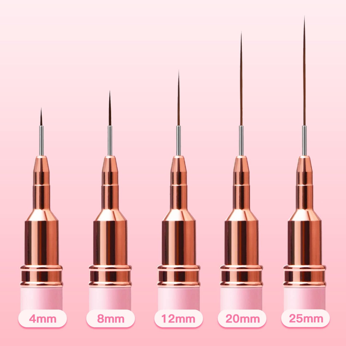 Komall Metallic Nail Art Brushes, 5Pcs Liner Brush Set, UV Gel Polish Painting Art Design Pen for Long Lines, Thin Details, Fine Drawing Sizes 4/8/12/20/25mm(Pink)