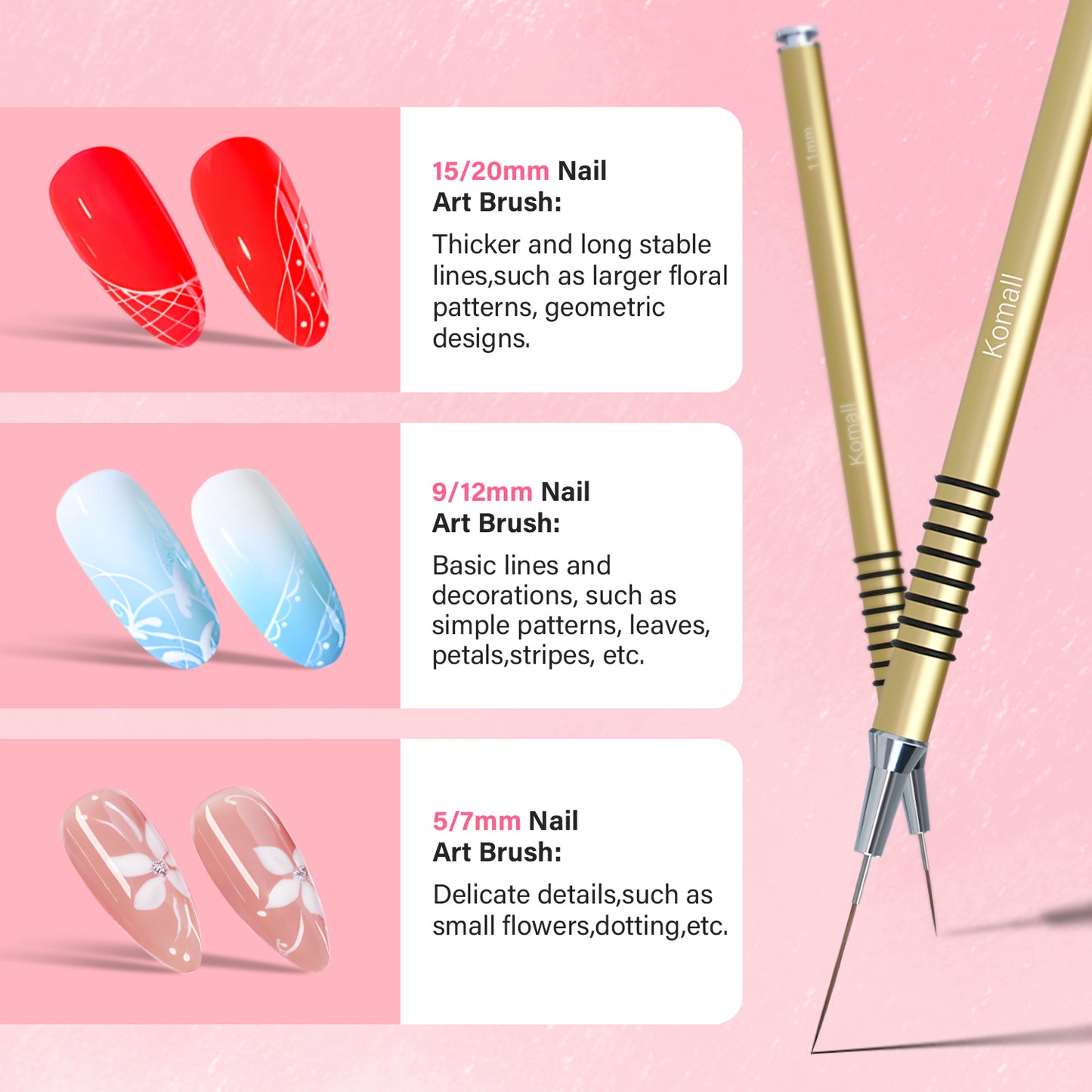 Komall Metallic Nail Art Brushes, 6Pcs Non Slip Liner Brush Set, UV Gel Polish Painting Art Design Pen for Long Lines, Thin Details, Fine Drawing Sizes 5/7/9/11/20/25mm(Silver)