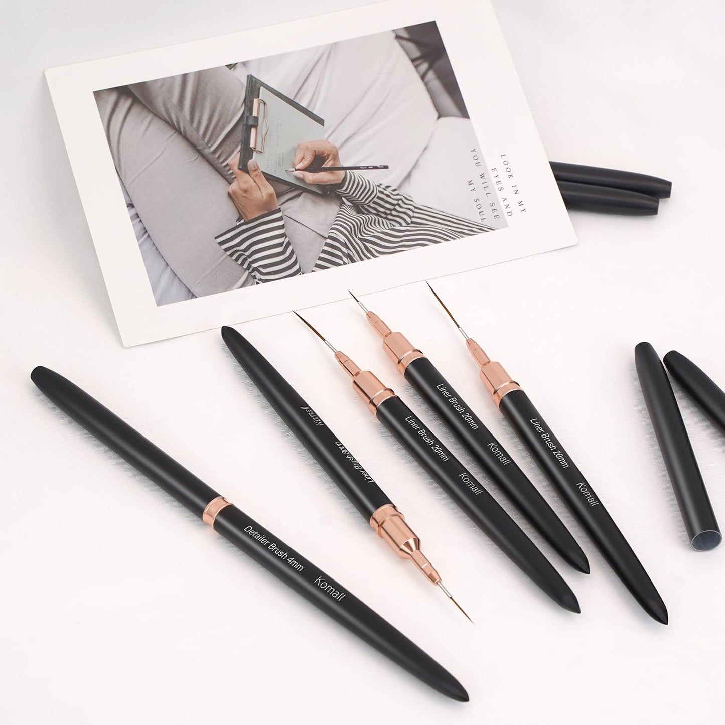 Komall Metallic Nail Art Brushes, 5Pcs Liner Brush Set, UV Gel Polish Painting Art Design Pen for Long Lines, Thin Details, Fine Drawing Sizes 4/8/12/20/25mm(Black)